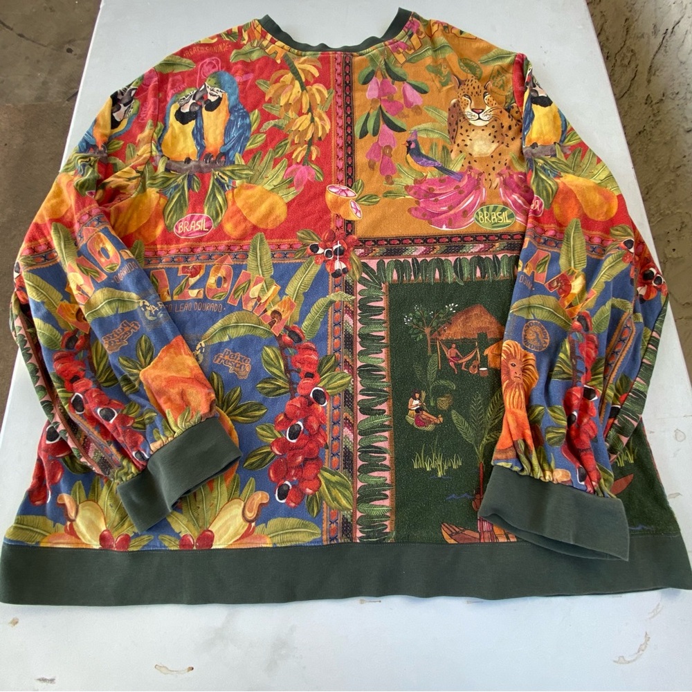 FARM Rio Anthropologie Brazil Jungle Leopard Parrot Sweatshirt Top women’s xl - Picture 13 of 16